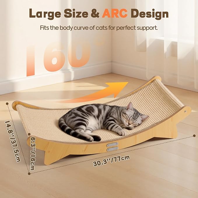 Extra Large Cat Scratcher Bed for Indoor Cats, Cats Scratcher Sofa with Sisal Scratch Mat & Soft Washable Mat, Wooden Cat Furniture Hammock Lounger for Lounge, Sleep, Scratch