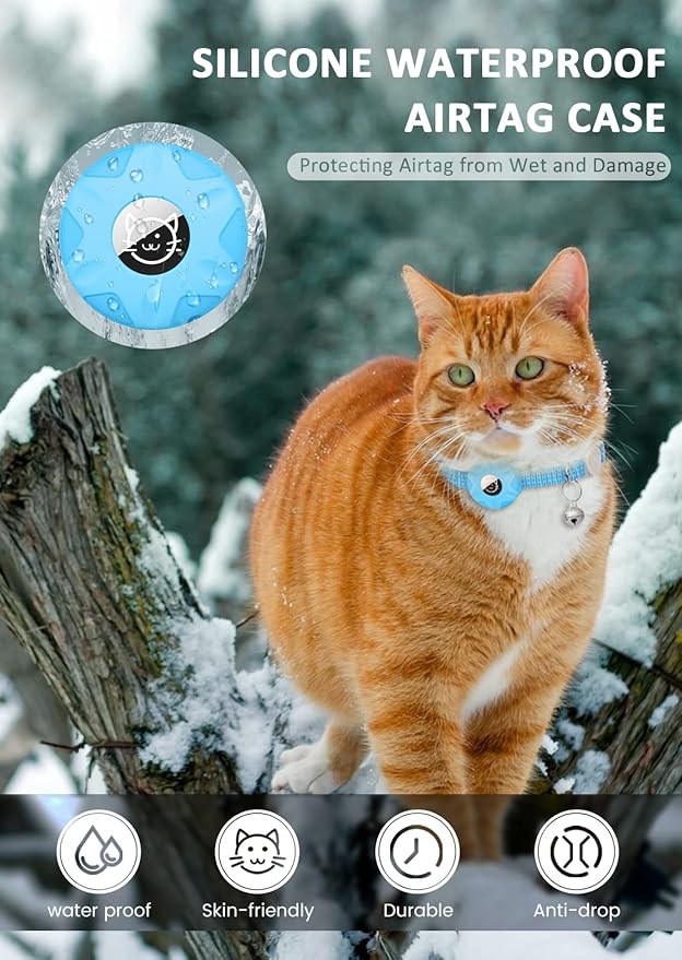AirTag Cat Collar, Reflective Kitten Collar with Breakaway Apple AirTag Holder and Bell, Lightweight GPS Tracker Collar for Cats and Puppies (Luminous Blue)