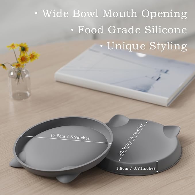 Cat Bowls for Indoor Gentle Small Kitten (2pcs, Soft Silicone) Shallow Wide Plates Feeder Whisker Fatigue Relief Cute Pet Kitty Food Water Dishes Set Anti Slip, Dishwasher Safe