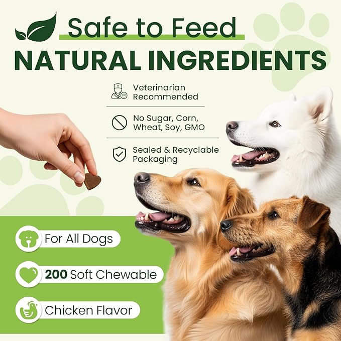 24-in-1 Dog Multivitamins Chewable, 200 Count Dog Vitamins and Supplements with Glucosamine Chondroitin Probiotics Omega-3 for Skin Coat Hip Joint Heart Liver Brain Eye Support - Chicken