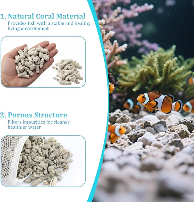 1.1lb/500g Net-bagged Crushed Coral Aquarium Filter Media, Fish Tank Coral Filter for Improving Water Quality, Reusable Crushed Coral Filter, for Cloudy Water Conditions & Frequent Fish Illnesses