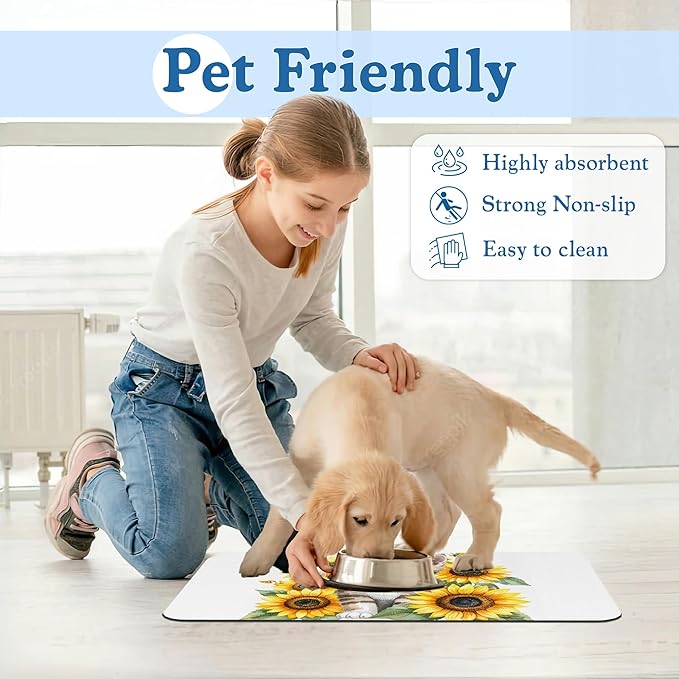 Cute Cat Sunflower Pet Feeding Mat for Floors–Christmas Stocking Absorbent Quick Dry Dog Cat Bowl Mat for Food and Water, Non Slip Waterproof Base, Mess-Free Feeding Accessories 16"x24"