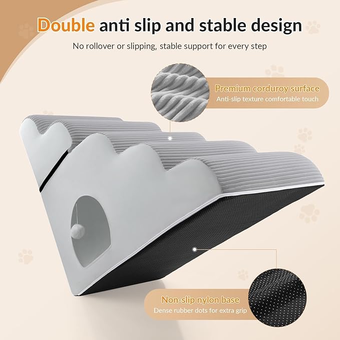 Dog Stairs for High Beds Up to 30" H with Tunnel,Extra Height 27.5" 5-Step Pet Steps for Small Dogs and Cats, Non-Slip Sturdy Dog Ramp with Anti-Tip Safety Strap and Removable Cover