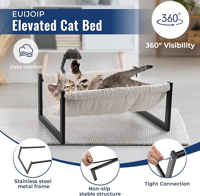 Elevated Cat Bed for Indoor Cats - Machine Washable, 360° Surround Sight, Rust-Resistant Frame with Toy - Effortless Setup, Comfort Mattresses (Thick)