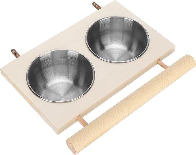 Bird Food Stainless Steel Cups, Parrots Feeding Dish Cups with Wooden Platform, Stainless Steel Food Water Feeder Cage Accessory with StandDouble Bowl
