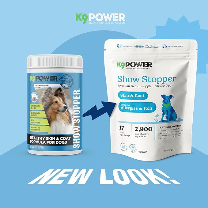K9Power Show Stopper 8 oz– Awarded #1 Dog Skin & Coat Product – Supports Allergy Relief, Itchy Skin, Shedding, Dull Coat – Salmon Oil, Collagen, Kelp, Zinc, Probiotics, Beet Juice, Vitamin C
