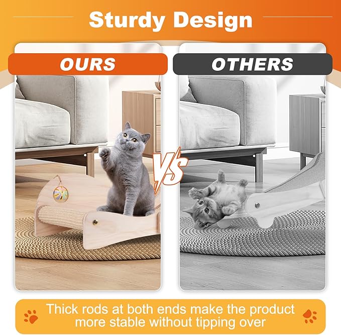 Extra Large 3-in-1 Cat Scratcher Bed with Toy Balls: Natural Sisal Scratching Pad, Cat Indoor Scratching Bed for Large Cats Non-Tip Wood Base Multi-Cat Scratching Board & Scratching Couch Fish Design