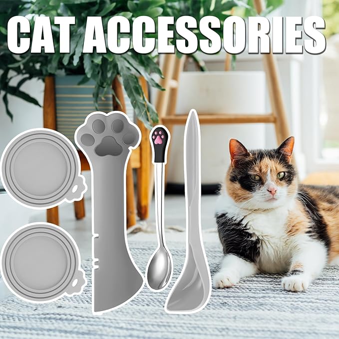5 Pcs Pet Food Can Supplies Set Dog Cat Food Lid Cat Can Opener Cat Spoons for Wet Food (Gray)
