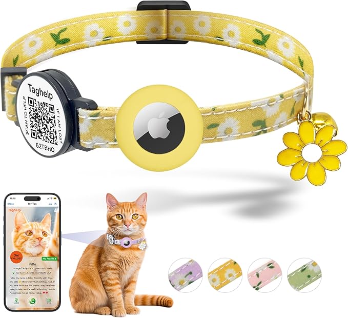 Smart QR Code Cat Collar with Online ID Profile & Integrated Airtag Holder, Breakaway Safety Collar with Bell, Adjustable 8-13in for Cats and Small Dogs(Yellow)