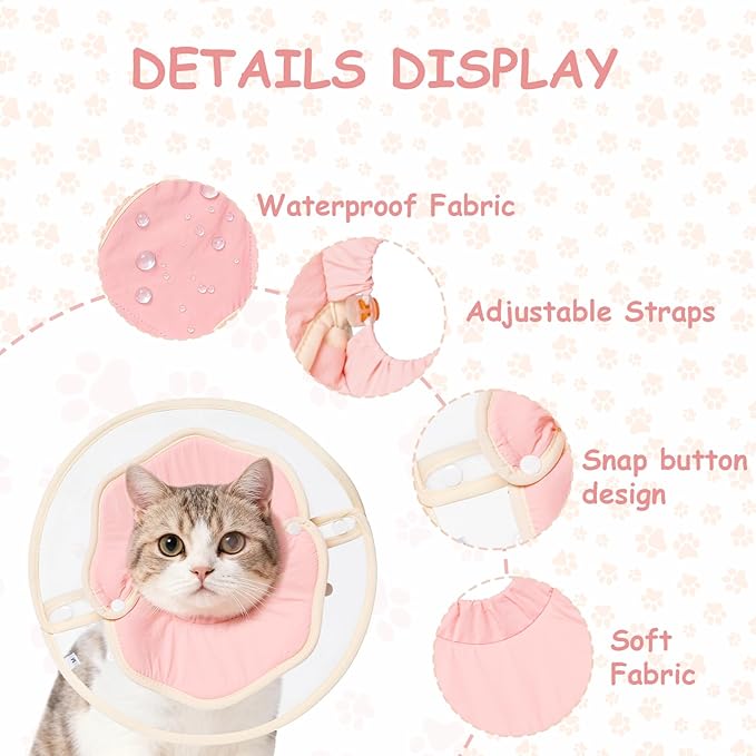Soft Adjustable Cat Recovery Collar, Lightweight Waterproof Elizabethan Cone for Cats – Comfortable Protective Collar to Prevent Licking After Surgery, Grooming & Skin Care (Pink, S)