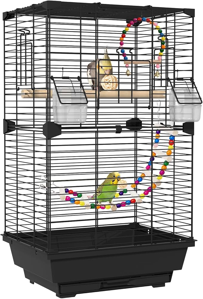24.8 Inch Bird Cage,Parakeet Cage with Ladder,Swing,Perch,2 Feeders,Small to Medium Birds Cage for Cockatiels, Lovebirds,Parrot (Black)