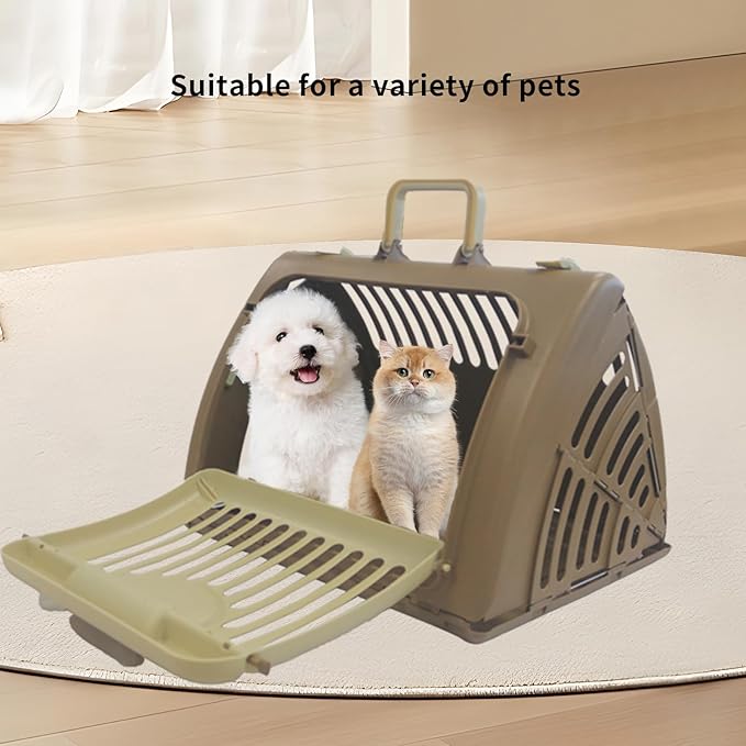 Foldable Travel Cat Carrier, Small Cat Carrier Hard Up to 25lbs, 18" Lx14.5 Wx14 H Front Open Type Plastic Cat Carriers, Beige + Coffee