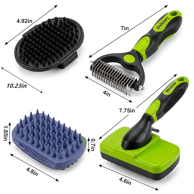 Dog Brush Kit for Grooming Short & Long Haired Dogs & Cats, 4-in-1 Pet Grooming Set with Self-Cleaning Slicker Brush, Deshedding Tool, Shampoo Bath Comb, Massge Comb (Green Black)