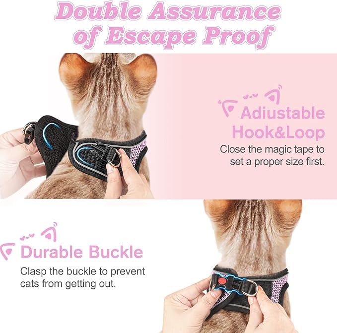 Cat Harness and Leash for Walking Escape Proof, Adjustable Kitten Vest Harness Reflective Soft Mesh Puppy Harness for Outdoor, Comfort Fit, Easy to Control (Lpink, XS)