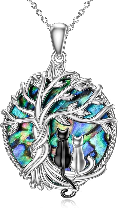 TOUPOP Cat Gifts for Cat Lovers Sterling Silver Cute Cats Tree of Life Pendant Necklace with Blue Circle Crystal Birthday Christmas Jewelry Gifts for Women