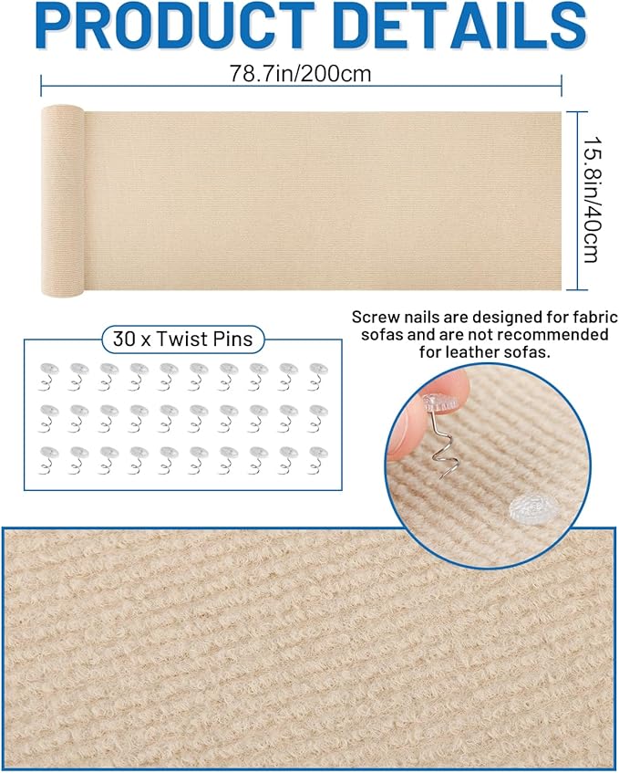 Cat Scratch Couch Furniture Protector, 78.7in x 15.8in Self-Adhesive Cat Scratch Mats, Trimmable DIY Cat Scratcher Pads for Wall, Couch Corner, Cat Tower and Replacement Pads (Khaki)