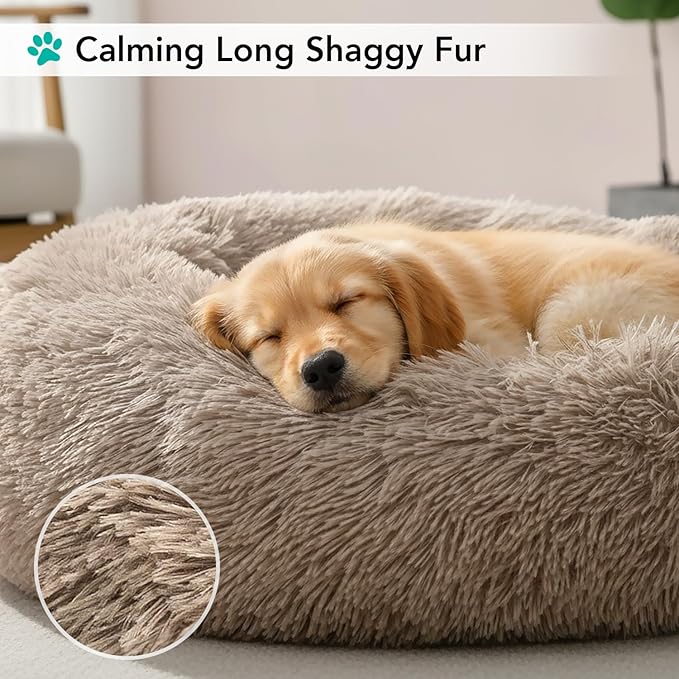 PetAmi Calming Dog Bed for Small & Medium Dogs and Cats, 23 Round Donut Dog Bed, Washable Fluffy Faux Fur Puppy & Cat Bed, Anti-Anxiety Plush Cuddler Pet Bed with Anti-Slip Bottom - Taupe