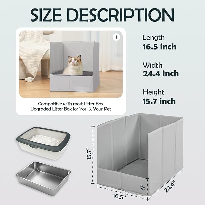 MEEXPAWS Cat Litter Box Enclosure Splash Guard Foldable 24.4 x 16.5 x 15.7 inch, Cat Litter Pee Shield Fully Waterproof Seamless, No Assembly Required, Portable, Wall Protector