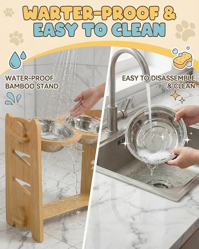 Elevated Dog Bowls, Adjustable Raised Dog Bowl Stand for Medium Size Dogs, 15°Tilted Elevated Dog Bowls, Durable Bamboo Dogs Feeder with 2 Stainless Steel Bowls and Non-Slip Feet