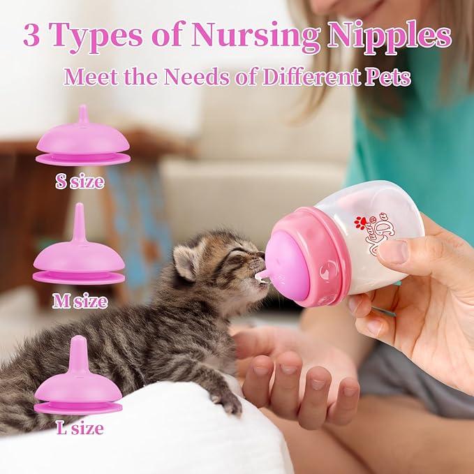 Pet Feeding Bottle and Syringes,60ml Nursing Bottle, 3 Sizes Nipples with Ventilation Valve Resistant Tearing Perfect for Puppies, Kittens, Small Wildlife (Pink)