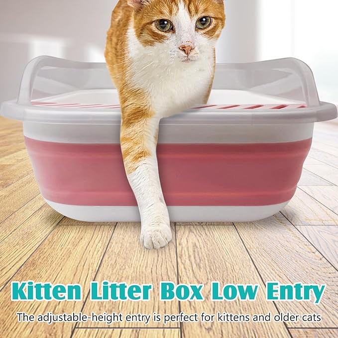 VCEPJH Collapsible Litterbox with High Sides Small Cats Litter Pan with Scoop Open Cat Litter Box Portable Travel Kittens Toilet Kitten Starter Kit for Kittens Adult Cat Elderly Cats (Pink)