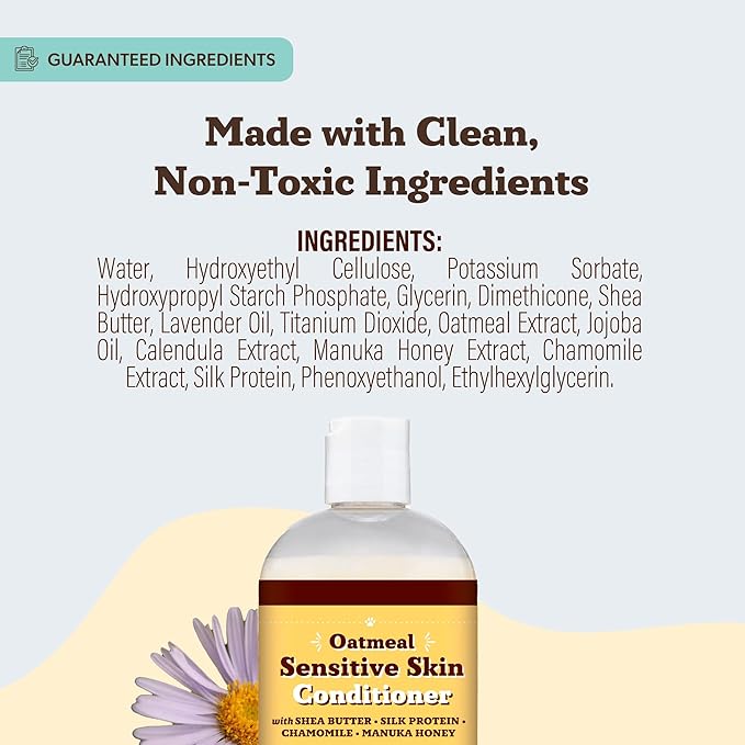 Natural Dog Company Sensitive Skin Dog Conditioner – Oatmeal Moisturizing for Sensitive & Itchy Skin, Detangling Grooming Formula for Long Haired Dogs, with Manuka Honey & Chamimile, 12 oz