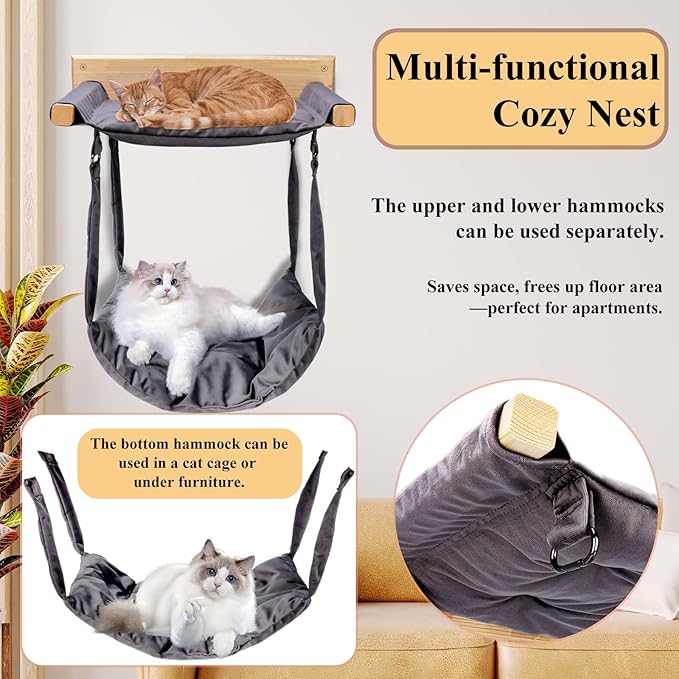 JSPYFITS Wooden Cat Wall Hammock, 18.9 x 12.6 Inch Double Layer Cat Furniture Hammock, Large Removable Multi-Function Cats Bed for Sleep/Play/Climb/Lounge Easy DIY Installation(Grey)