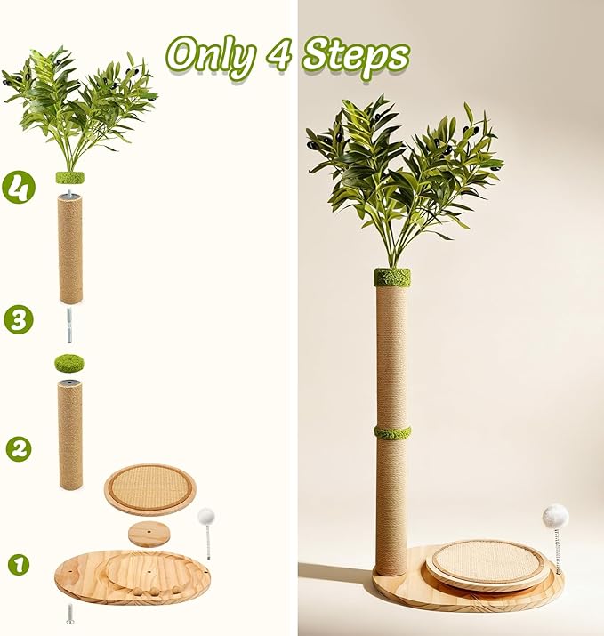 39" Tall Cat Scratching Post, Cute Olive Tree Cat Scratcher, Interactive Cat Toys with Ball Track & Spring Ball, Sturdy Cat Tree with Scratch Pad for Indoor Cats Adults and Kittens