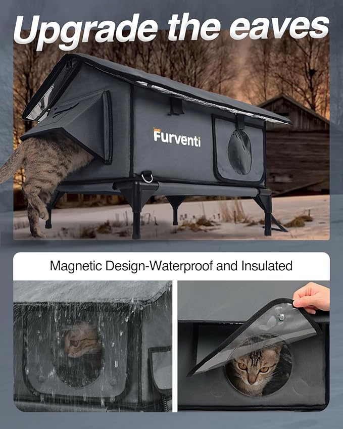Heated Cat House for Outside,Extremely Weatherproof&Insulated in Winter,Elevated Outdoor Cat Shelter with Waterproof Eaves&Escape Door for Feral Stray Barn Cats(Dark Grey,M)