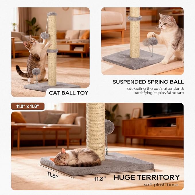 Dkelincs 22" Cat Scratching Post Premium Sisal Kitten Scratcher with Hanging Ball for Indoor Cats, Cat Scratch Post for Living Room & Bedroom, Ideal for Kittens or Smaller Cats (Light Gray, 22 Inch)