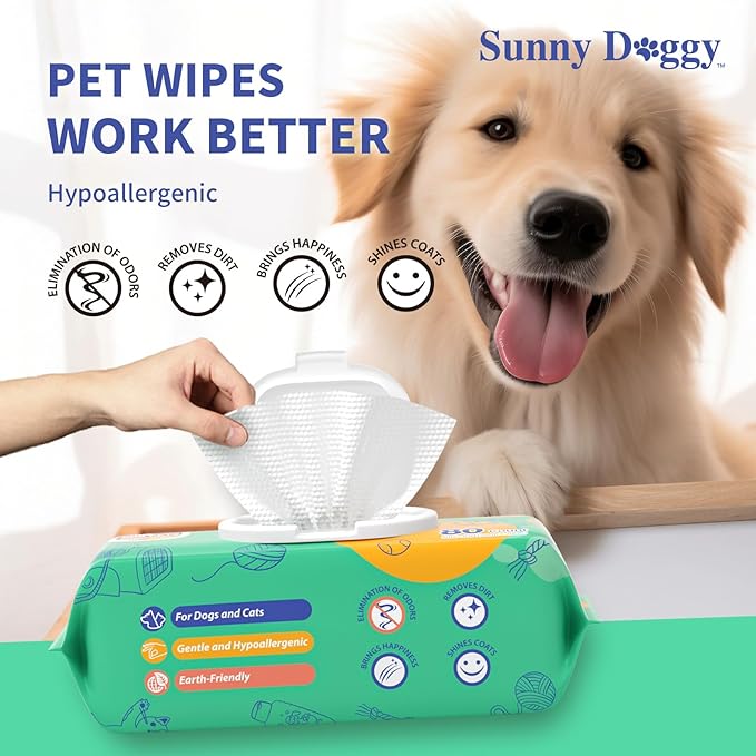 Pet Wipes 80 Count, Dog Wipes Cleaning Deodorizing Cat Wipes, 8 x 8 Inch Dog Grooming Wipes for Butt Paws Ear Eyes and Body (Pack of 2)