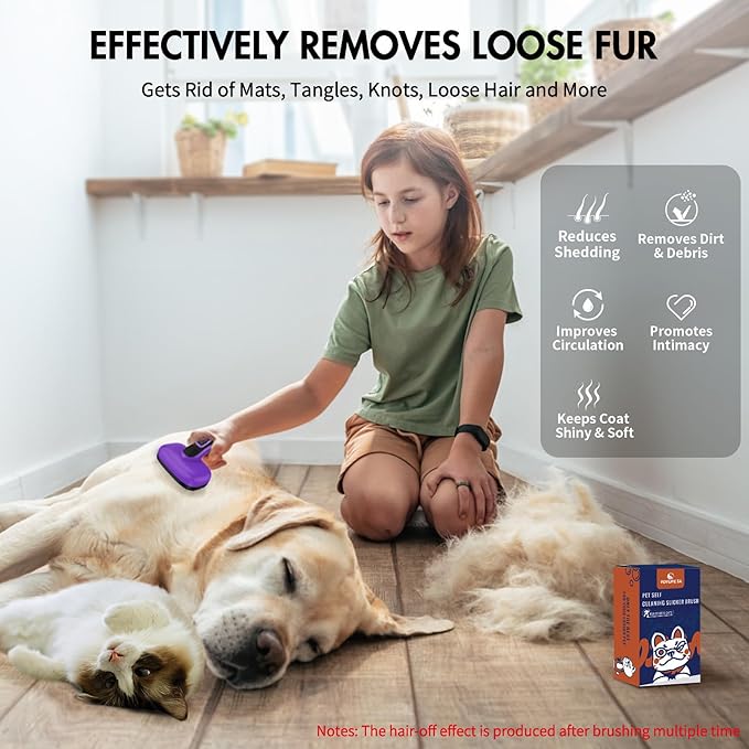 Dog Brush for Shedding, Self Cleaning Slicker Brush Ideal for Short Long Haired Dogs & Cats. Removes Loose Fur, Undercoat, Mats, Tangled Hair. Suit for Large Medium Small Animal, Purple