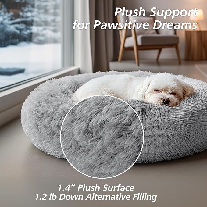 JOLLYVOGUE Calming Dog Bed for Small Dogs - 23 inches Donut Washable Small Dog Bed for Kittens & Puppies, Anti-Slip Round Fluffy Plush Faux Fur Cat Beds (Fits up to 25 lbs Pets, Grey)