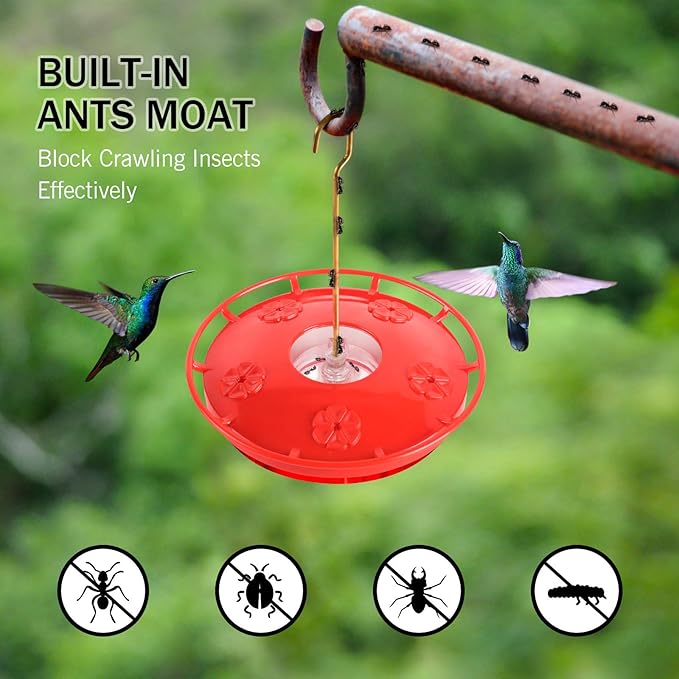eWonLife 2 Pack Hummingbird Feeders for Outdoors, 16oz Leak-Proof Saucer Humming Bird Feeder with Integrated Ant Moat, Bee Proof Feeding Ports, Brush, Easy Clean & Refill, Hanging Garden Decor for Mom