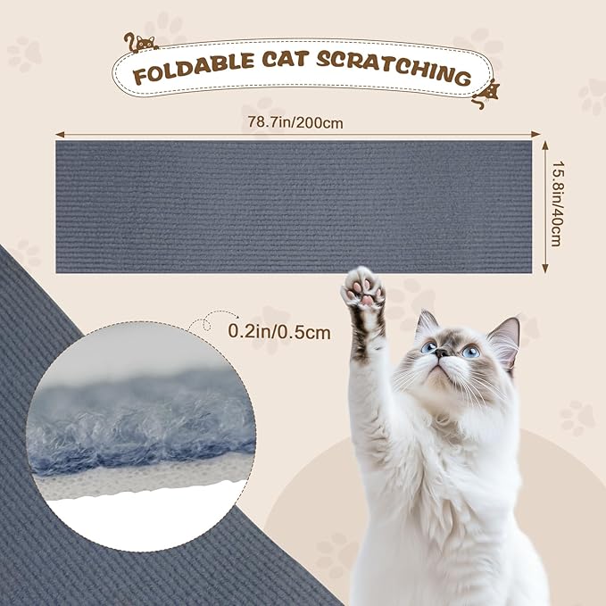 Eunice Cat Scratching Mat, Self-Adhesive Cat Scratch Carpet, Trimmable Replacement Carpet Pad for Tree Wall Cat Scratching Post DIY Couch Protector (Light Gray, 78.7"x15.8")