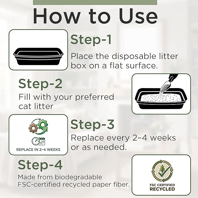EcoVerde Pets & Co. Disposable Cat Litter Boxes 4-Pack, Large 18.1” x 13.2” x 3.9”, Leak-Resistant Recycled Paper Tray for Indoor or Travel Use