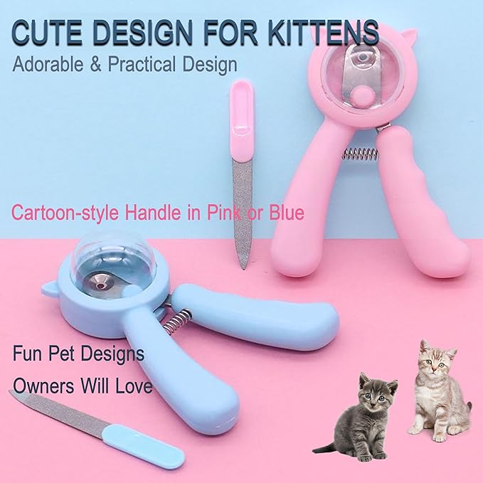 Kitten Nail Clippers Set, Anti-Splatter Nail Clipper with Nail Collector, Safety Nail Trimmer for Kittens, Includes Nail File, Cleaning Brush, Cotton Swabs and Zipper Bag