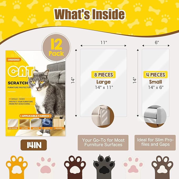 Anti Cat Scratch Furniture Protector, 12-Pack Starter Kit Couch Protector from Cat Claws - Single-Sided Heavy-Duty Clear Protectors for Sofa Corners & Walls, Self-Adhesive & Residue-Free, 14in