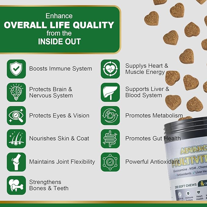 Advanced 24-in-1 Multivitamin Chews for Dogs - 200 Soft Chewable All-in-One Vitamin Support Supplement for Dog Skin Coat Itch Relief, Joints, Gut Health, 12 Essential Vitamins Treats with Omega-3
