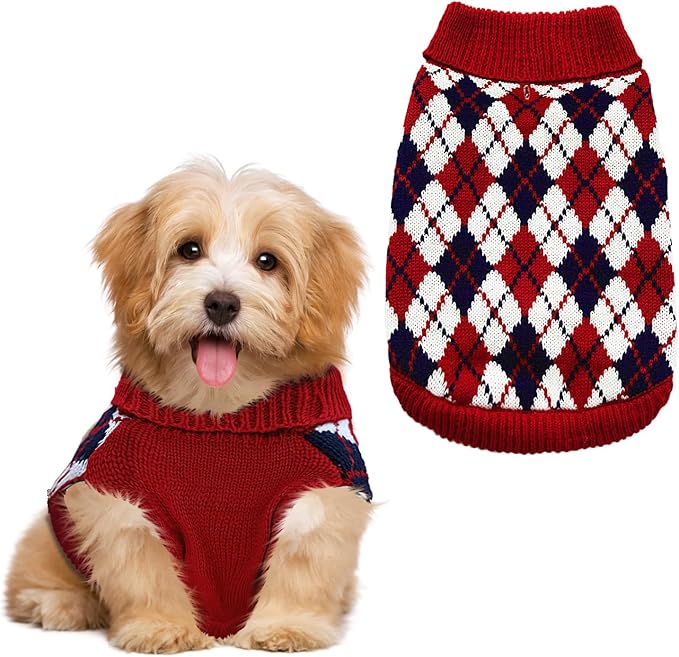 Dog Sweaters for Small Dogs,Christmas Argyle Winter Xmas Pet Clothes, Pet Shirts for Kitten Puppy,Red Boys Girls Winter Knitwear Warm Clothes Medium