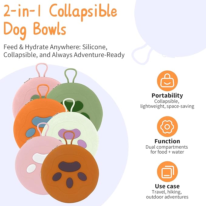Collapsible Dog Bowls, 2-in-1 Pet Portable Travel Double Bowl Water Food Feeder Traveling Camping & Walking 25oz Brown Pink
