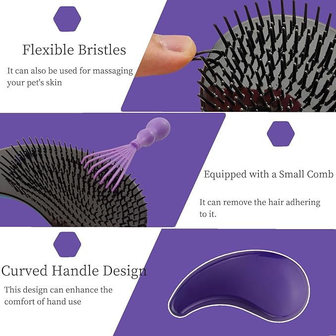 Comma-Shaped Small Dog Brush and Cleaning Comb, Fit for Yorkie, Shih Tzu, Maltese Maltipoo Pomeranian - Gentle Soft Bristles for Effortless Pet Hair Removal, Puppy Essentials (Dark Purple)