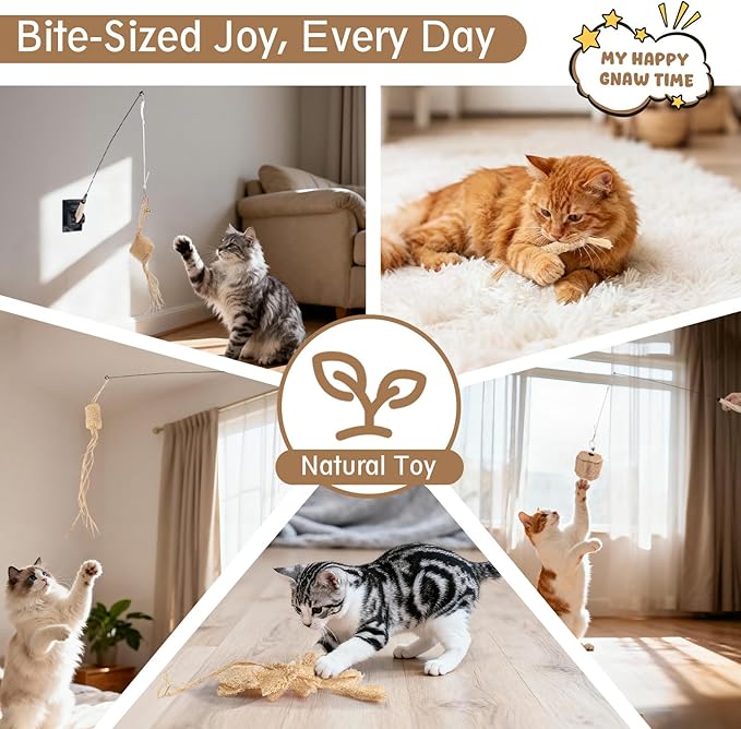 Cat Chew Toy-Natural Loofah Raffia Catnip Toys-7pcs Handmade Gum Massage Teether w/ Cat Wand Toy, Interactive Teeth Cleaning,Kitten Chew Stick for Aggressive Chewers, Safe Bite Relief & Stress Relief