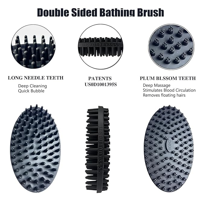 ROPO Double Sided Dog Bath Brush, Pet Grooming Tool with Long and Plum Blossom Teeth, Deep Cleaning and Massage (Black)