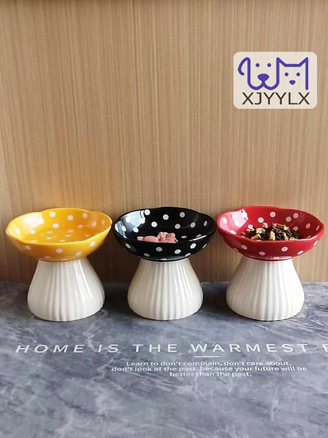 Elevated Mushroom Cat Bowls Ceramic 2 Pack, Raised Cat Bowl for Indoor Cats, Cute Whisker Fatigue Cat Bowl, Raised Dog Bowl Stand for Food and Water, Red+Yellow 6" Wide for Adult Cats