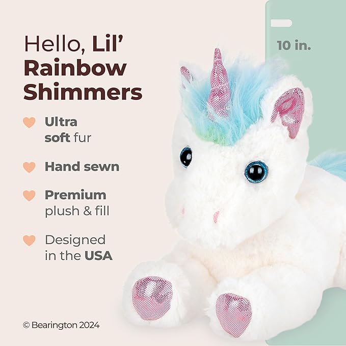 Bearington Rainbow Shimmers Unicorn Stuffed Animal - 10" Fluffy and Cuddly White Stuffed Unicorn Plush with Soft Plush Fur for Play and Cuddles - Adorable Rainbow Stuffy Gift for Toddlers and Kids