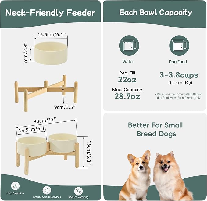 Ceramic 6.1inch Raised Dog Bowl with Stand for Small and Medium Breed Dog Dish Pet Food and Water Bowl (Double Bowl with Stand - Light Yellow, 28oz)
