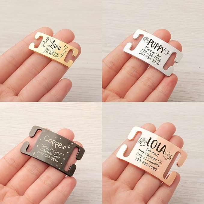 Anavia Slide On Silent Pet ID Tags, Fun Wild Flower Frame Design Personalized Engraved Plated Stainless Steel Cat Dog Name Tags, Glossy Customized Chew-Proof Quiet Dog Collar Tags (Medium, Black)