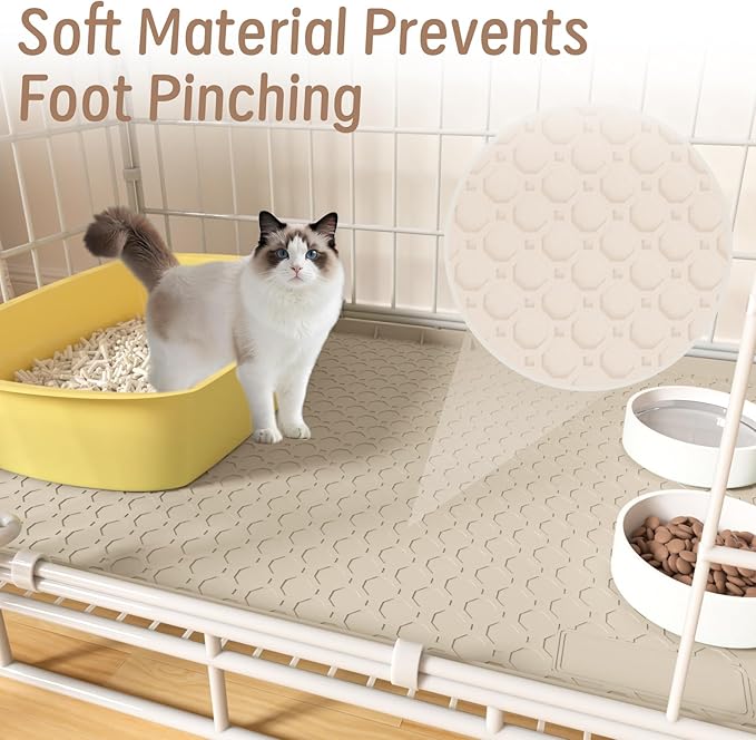 Large Cat Litter Mat 34"x22", Cat Litter Trapping Mat For Litter Box, Silicone Pet Feeding Mat With Raised Edges Waterproof, Beige