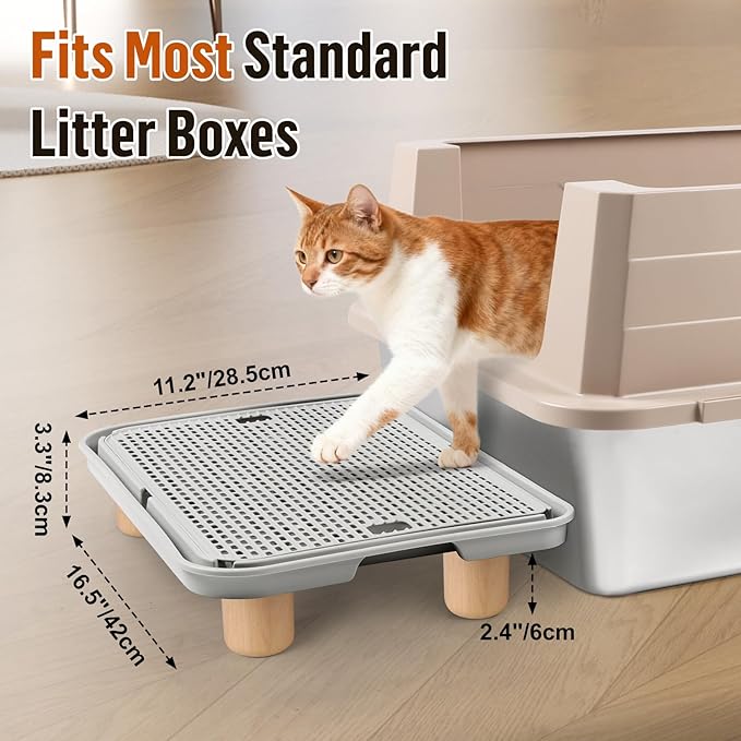Litter Box Step, Cat Ramp/Step/Catcher with Wooden Base, Filter Function, Easy to Clean, Filter Pedal Ideal for Kitten & Elderly Cats (Light Grey)